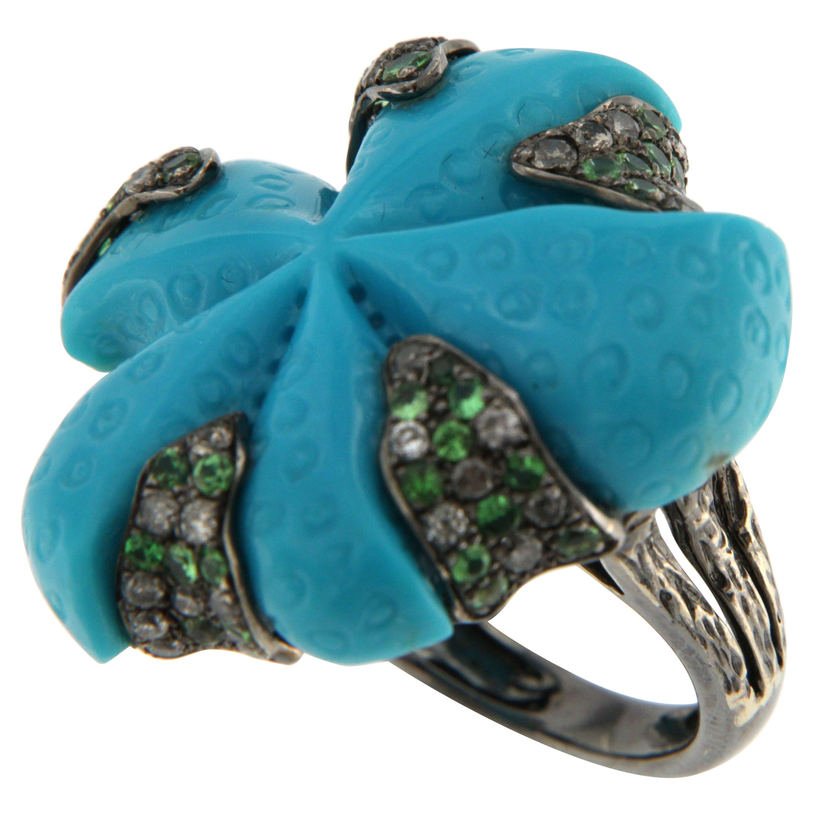 Vintage 37Ct Turquoise Green Garnet and Diamond Cocktail Ring in 14K White Gold