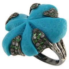 Vintage 37Ct Turquoise Green Garnet and Diamond Cocktail Ring in 14K White Gold