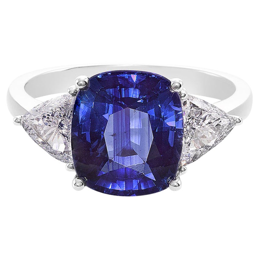 For Sale:  GRS Certified 4.82ct Cushion Cut Blue Sapphire and Triangle Cut Diamond Ring