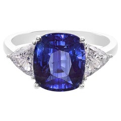 GRS Certified 4.82ct Cushion Cut Blue Sapphire and Triangle Cut Diamond Ring
