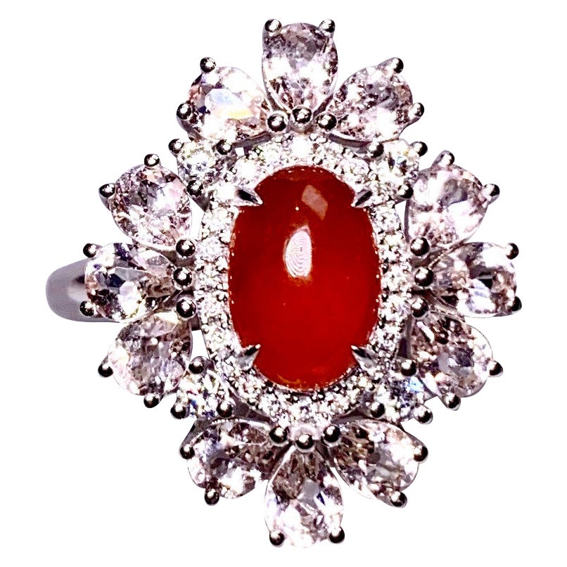 Eostre Type A Red Jadeite, Morganite and Diamond Ring in 18K White Gold For Sale