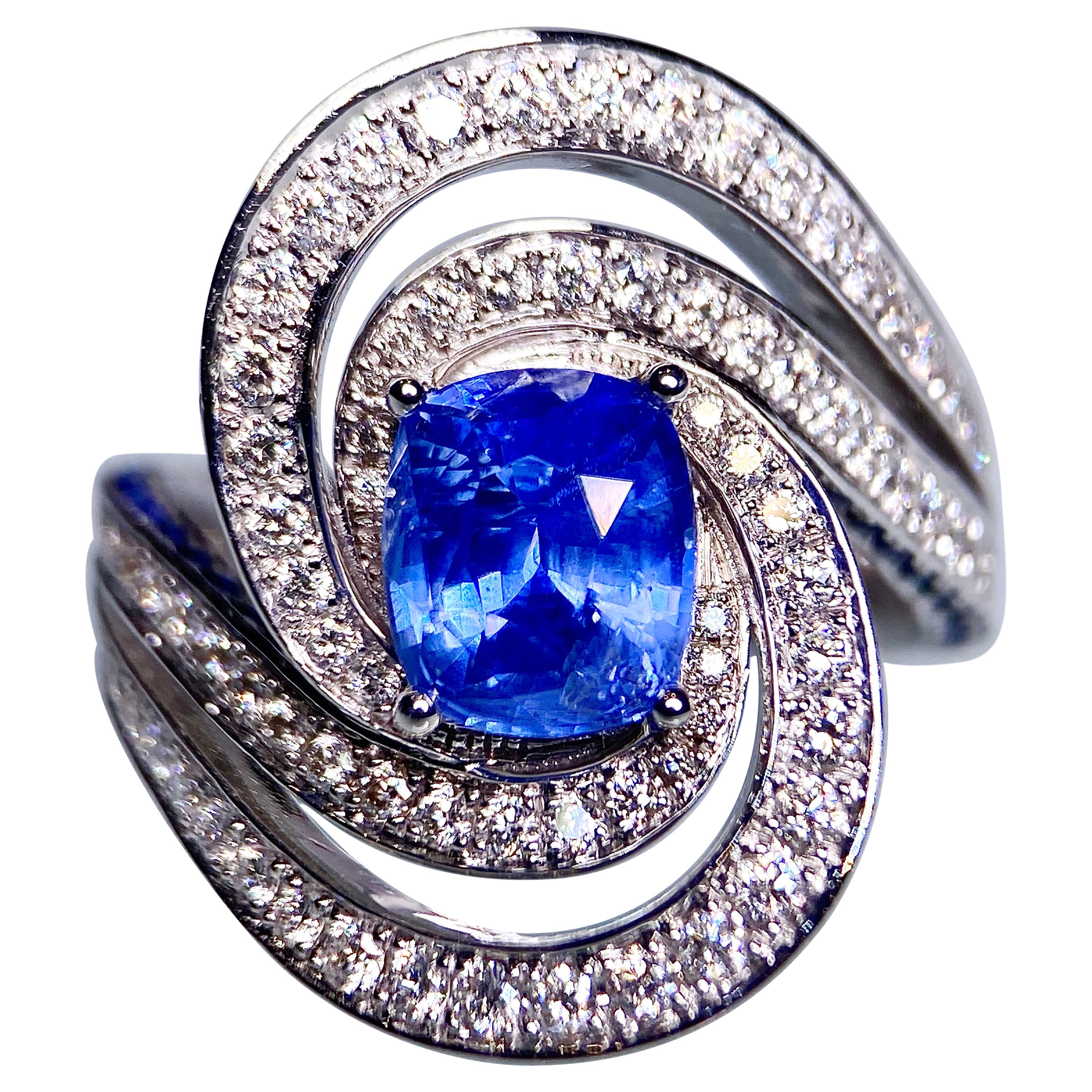 Eostre Vivid Blue Sapphire and Diamond Ring in 18K White Gold