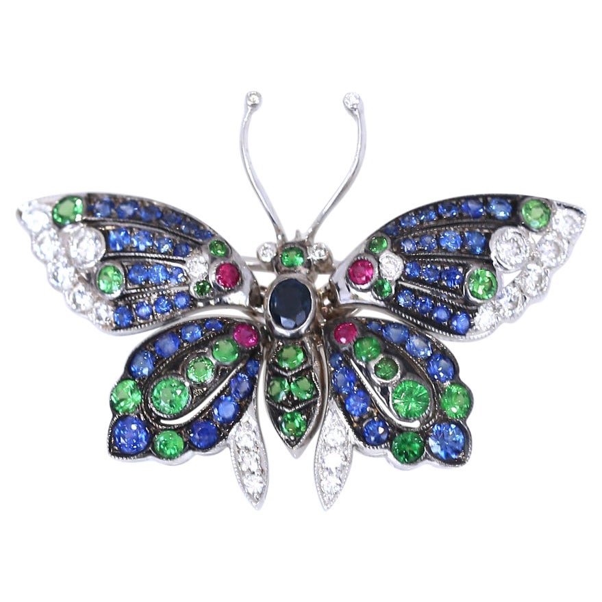 Butterfly Pendant Brooch Sapphires Emeralds Rubies Diamonds, 1930