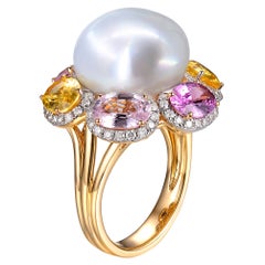 Baroque South Sea Pearl and Multi Color Sapphire Cocktail Ring in 18K White Gold