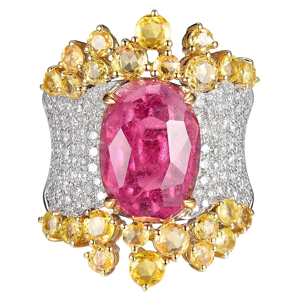 Oval Pink Tourmaline Yellow Sapphire Diamond Cocktail Ring in 18K White Gold