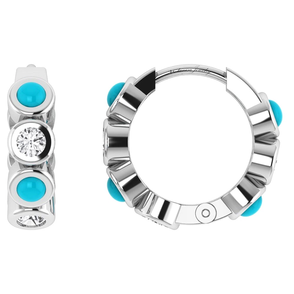 Diamond & Turquoise Huggies in 18 Karat White Gold