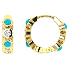 Diamond & Turquoise Huggies in 18 Karat Yellow Gold