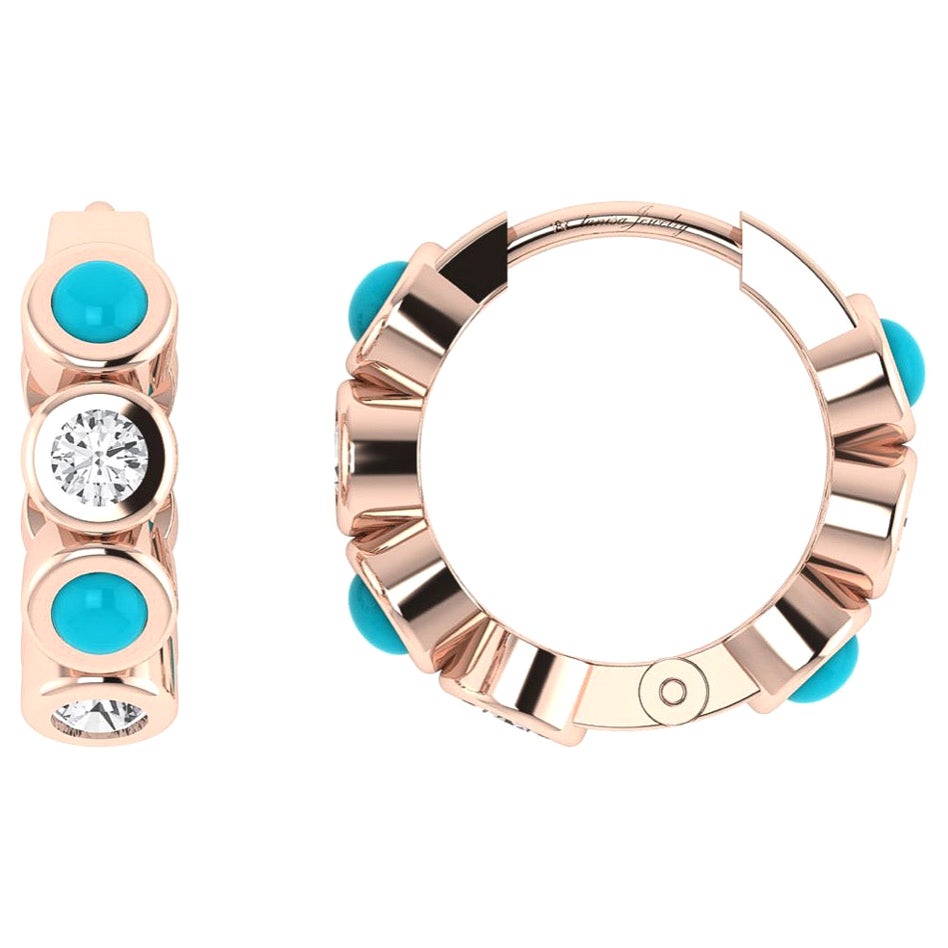 Diamond & Turquoise Huggies in 18 Karat Rose Gold For Sale