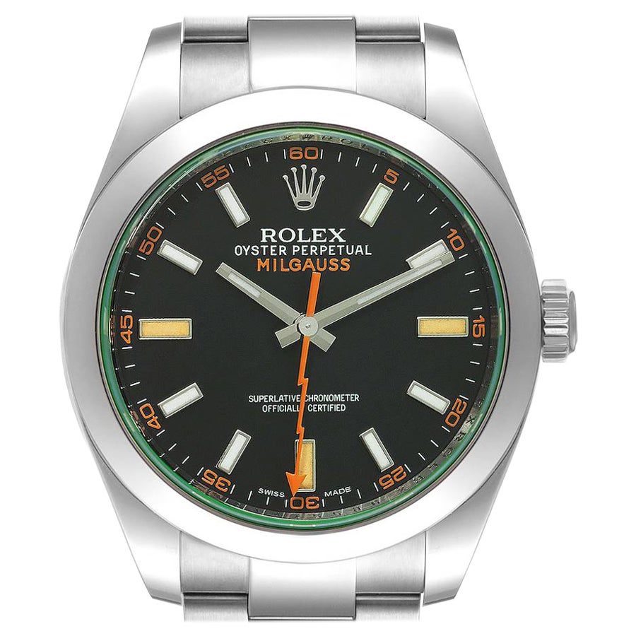 Rolex Milgauss Black Dial Green Crystal Steel Mens Watch 116400V Box Card For Sale