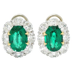 Mid-Century 10.10 Carats Emerald Diamond Platinum 18 Karat Gold Cluster Earrings