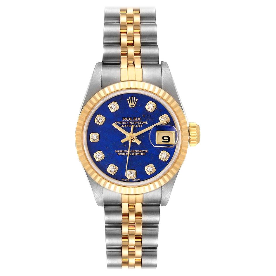 Rolex Datejust Steel Yellow Gold Lapis Diamond Dial Watch 69173 Box Papers