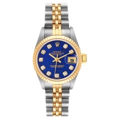 Rolex Datejust Steel Yellow Gold Lapis Diamond Dial Watch 69173 Box Papers