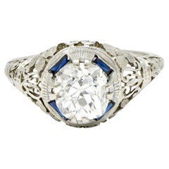 Antique 1920's Art Deco 1.76 Carats Diamond Sapphire 18 Karat Gold Engagement Ring
