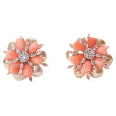 Coral Tulips and Keshi Pearls Diamond Earring