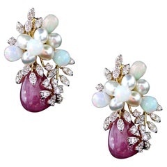 Keshi Pearls, Pink Burma, Tourmaline Tumbles and Ethiopian Opals Diamond Earring