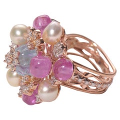 Aquamarine Melons, Keshi Pearls and Pink Burma Tourmaline Diamond Ring