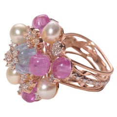 Diamantring mit Aquamarin-Muscheln, Keshi-Perlen und rosa Burma-Turmalin