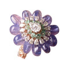 Colombian Emerald Beads, Russian Emerald Melons and Tanzanites Diamond Ring