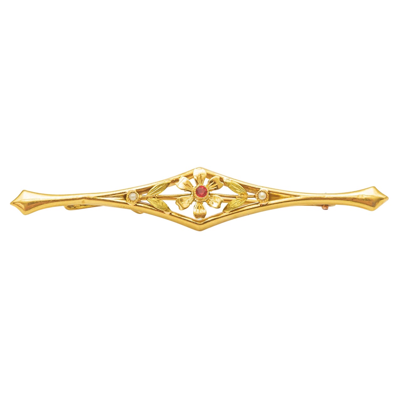 18K Yellow Gold Ruby and Pearl Brooch