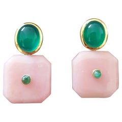 Clous d'oreilles en or 14 carats avec onyx vert cabas ovales et opales roses de forme octogonale et émeraudes