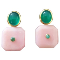 Green Onyx Oval Cabs Octagon Shape Pink Opal Emeralds 14 K Gold Stud Earrings