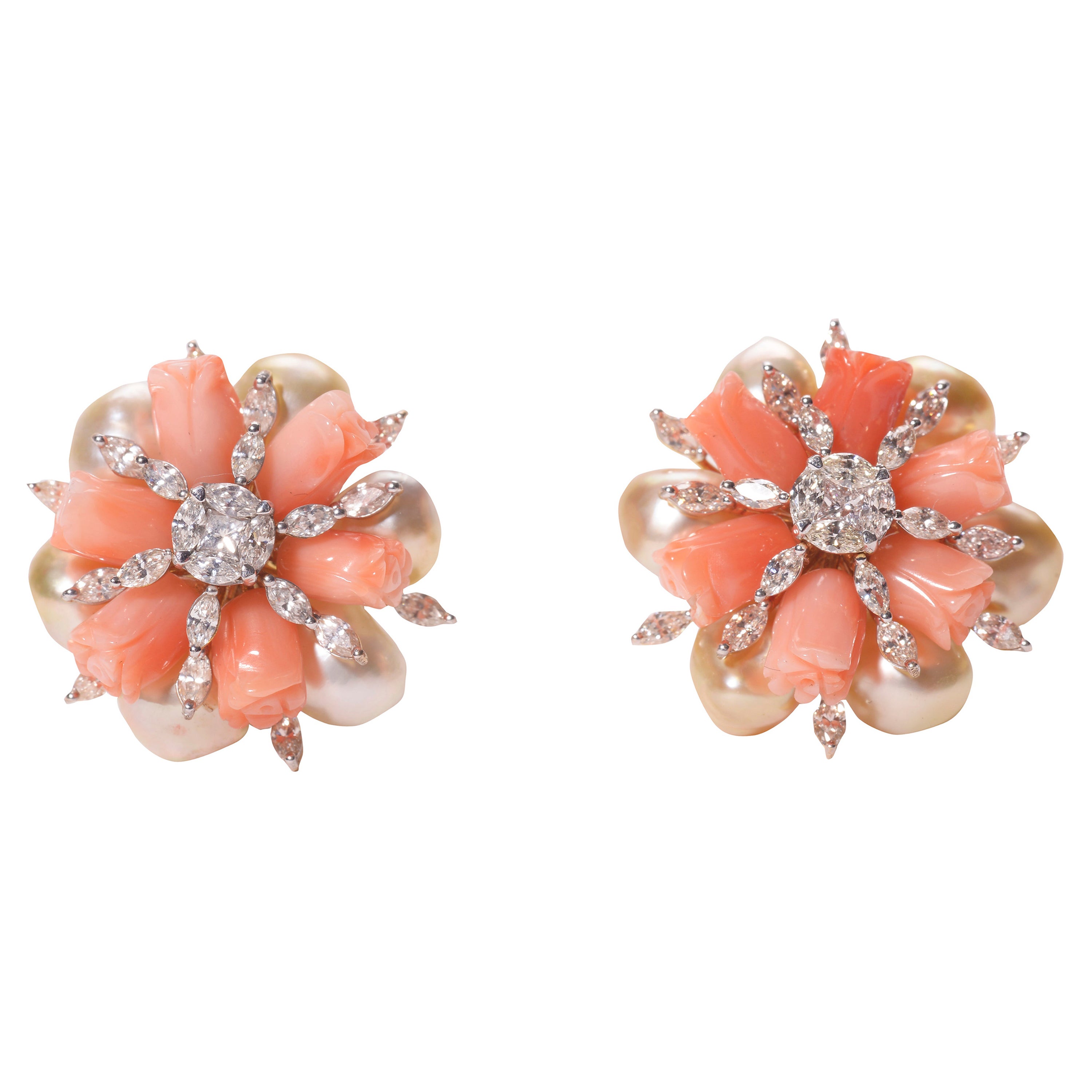 Coral Tulips and Keshi Pearls Diamond Ring For Sale