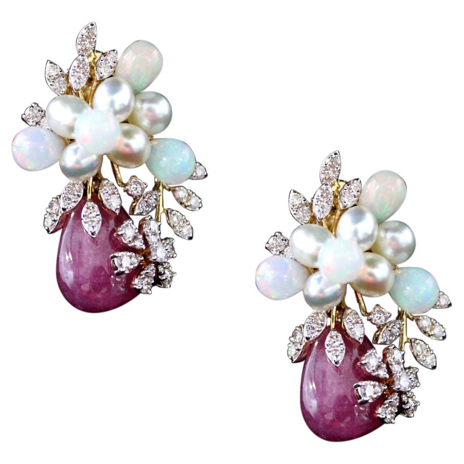Keshi Pearls, Pink Burmese Tourmaline Tumbles and Ethopian Opals Diamond Ring For Sale