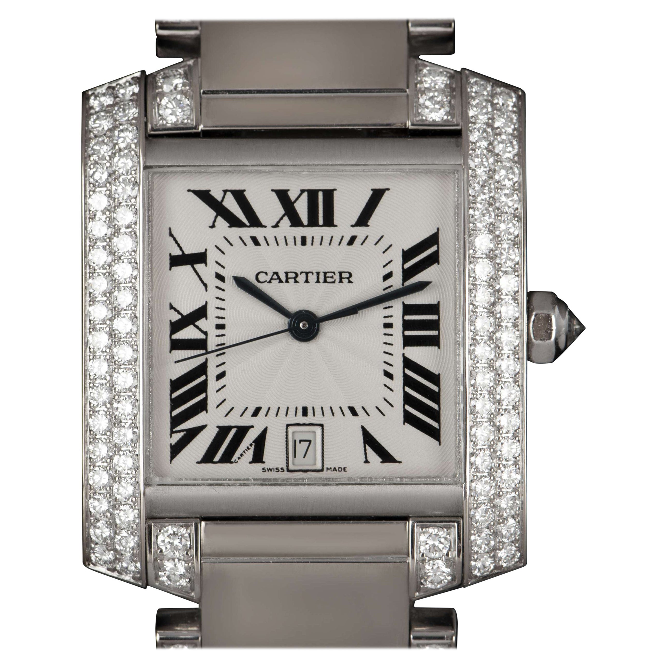 Cartier Large Tank Francaise White Gold Silver Dial Diamond Set WE1003SF