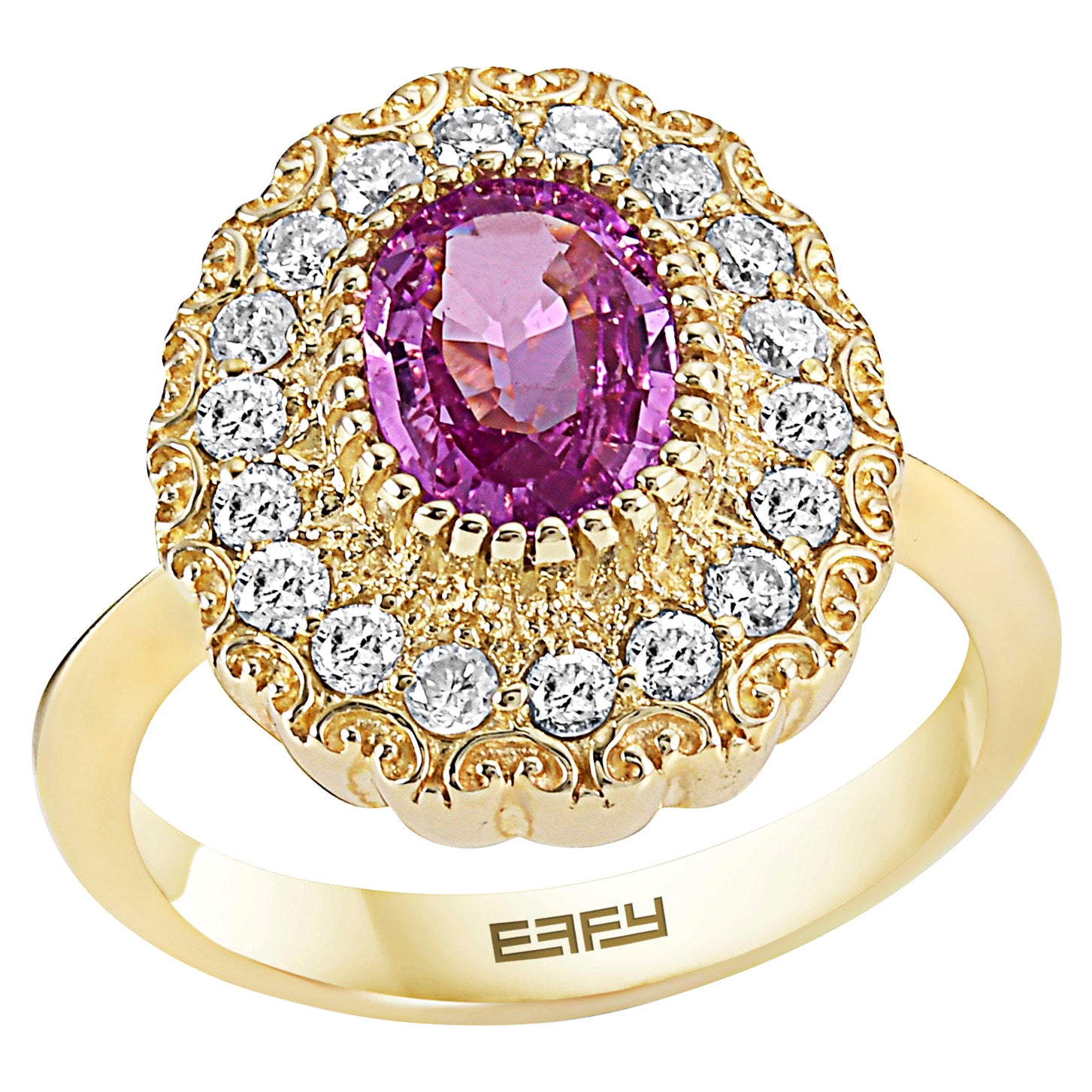 Effy 14 Karat Yellow Gold Diamond & Pink Sapphire Ring For Sale