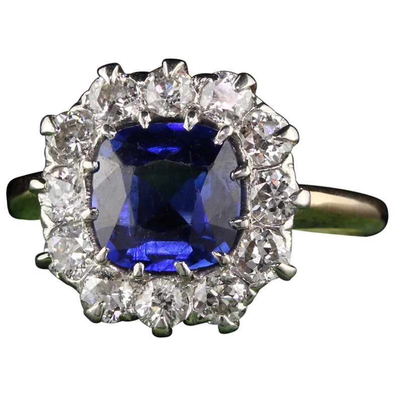 Antique Victorian 18K Yellow Gold Diamond and Sapphire Engagement Ring