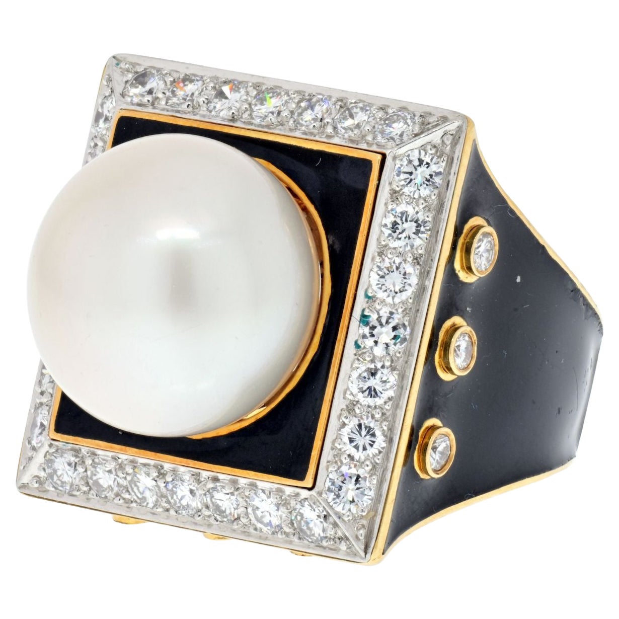 David Webb Platinum & 18K Yellow Gold Black Enamel, Pearl and Diamond Ring For Sale