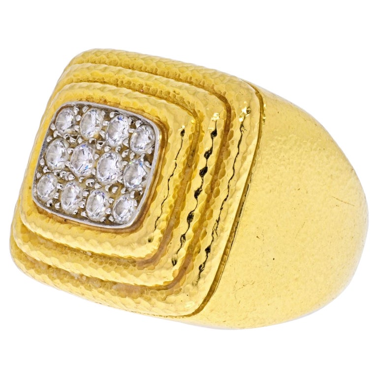 David Webb Platinum and 18K Yellow Gold Pave Diamond Hammered Tiered Ring  For Sale at 1stDibs