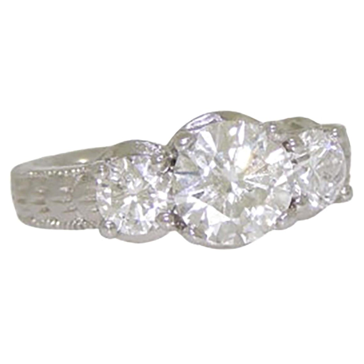 GIA Certified Platinum Chased Three Stone Diamond Ring 1.96tcw