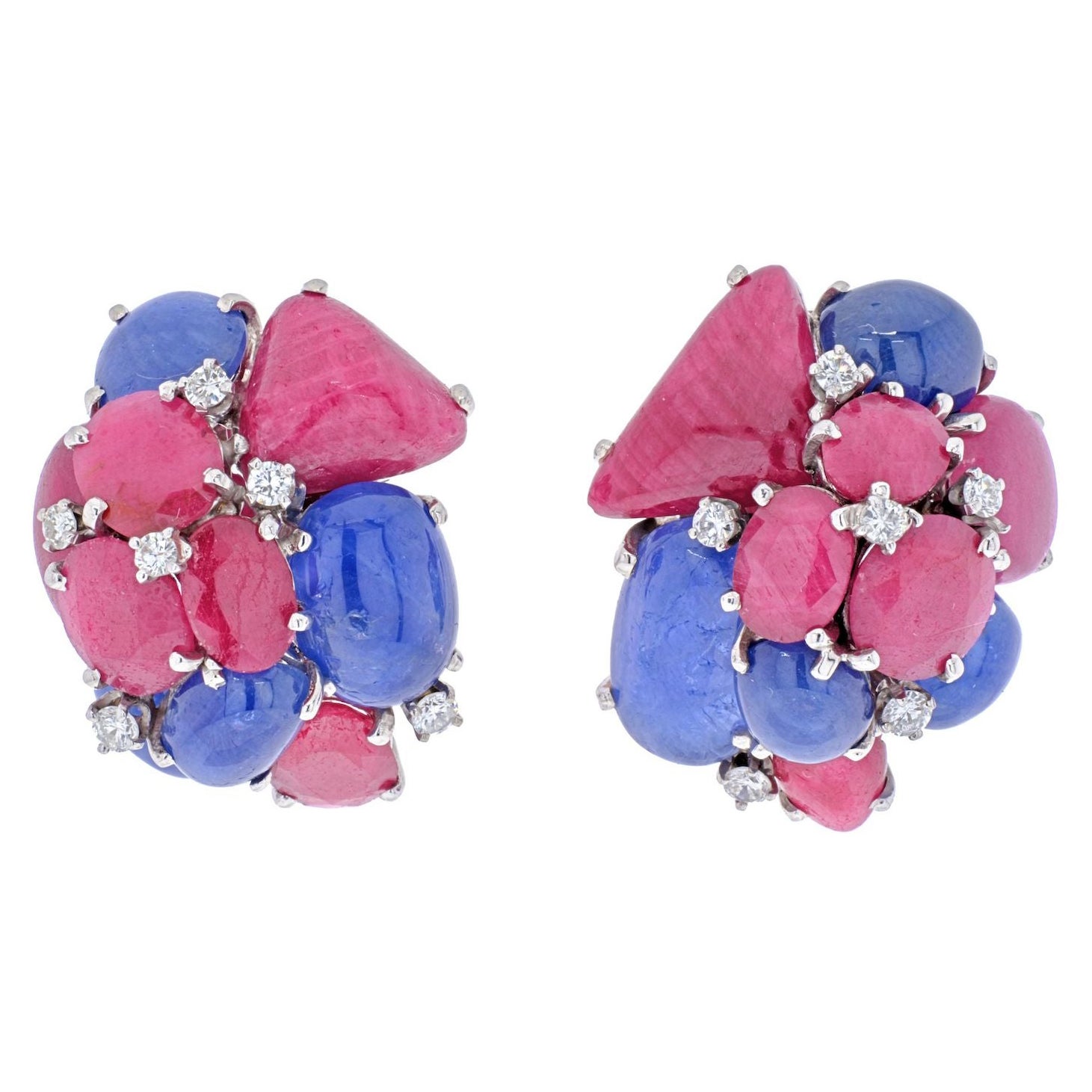 Seaman Schepps 14K White Gold Cluster Sapphire and Ruby Earrings For Sale