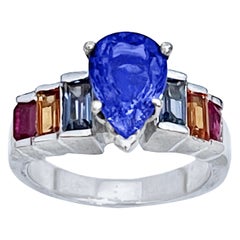 3 Carat Pear Shape Tanzanite & Multi Sapphire Ring 18 Karat White Gold, Estate