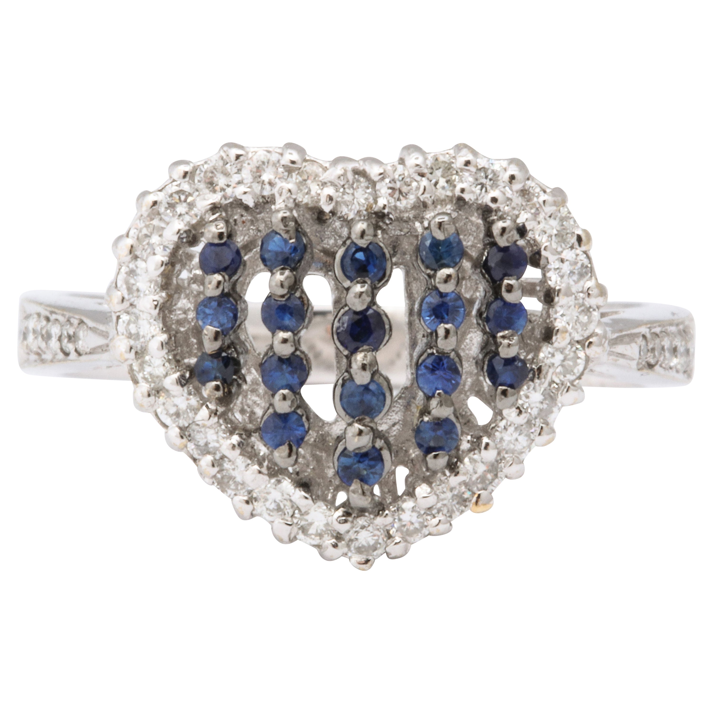 Blue Sapphire and Diamond Heart Ring For Sale