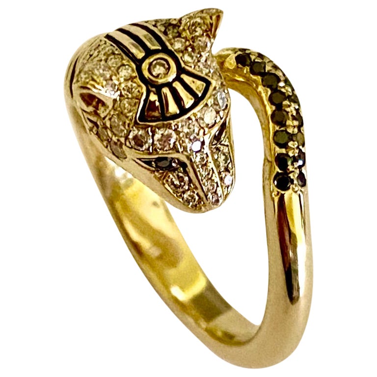Michael Kneebone Micro Pave Diamond 18k Gold Egyptian Revival Cat Ring