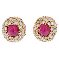 18K Yellow Gold Cluster Diamond and Rubies Estate Earrings