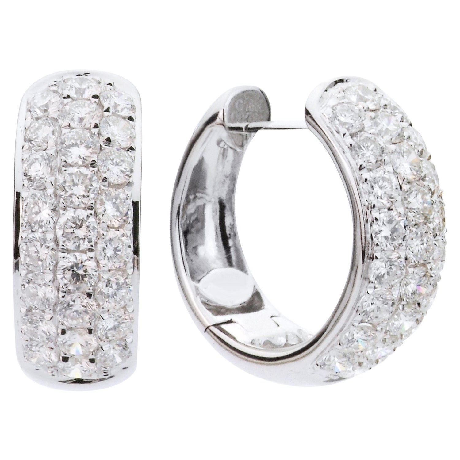 18 Karat White Gold 3 Rows of Diamond, Hoop Earrings For Sale