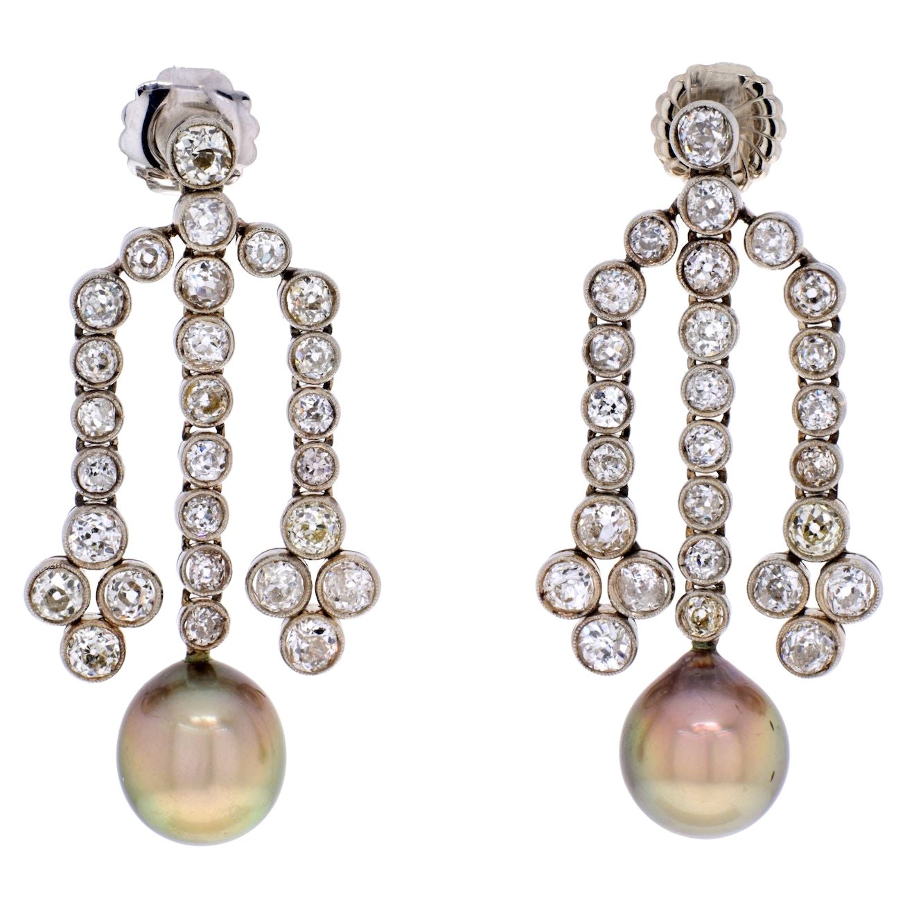 18K White Gold Old Mine Diamond Chandelier and Pearl Earrings For Sale