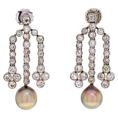 18K White Gold Old Mine Diamond Chandelier and Pearl Earrings