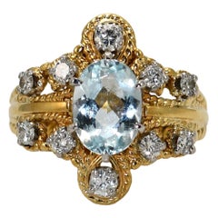 18K Yellow Gold Aquamarine and Diamond Ring 1.5ct Stone .5ct Diamond