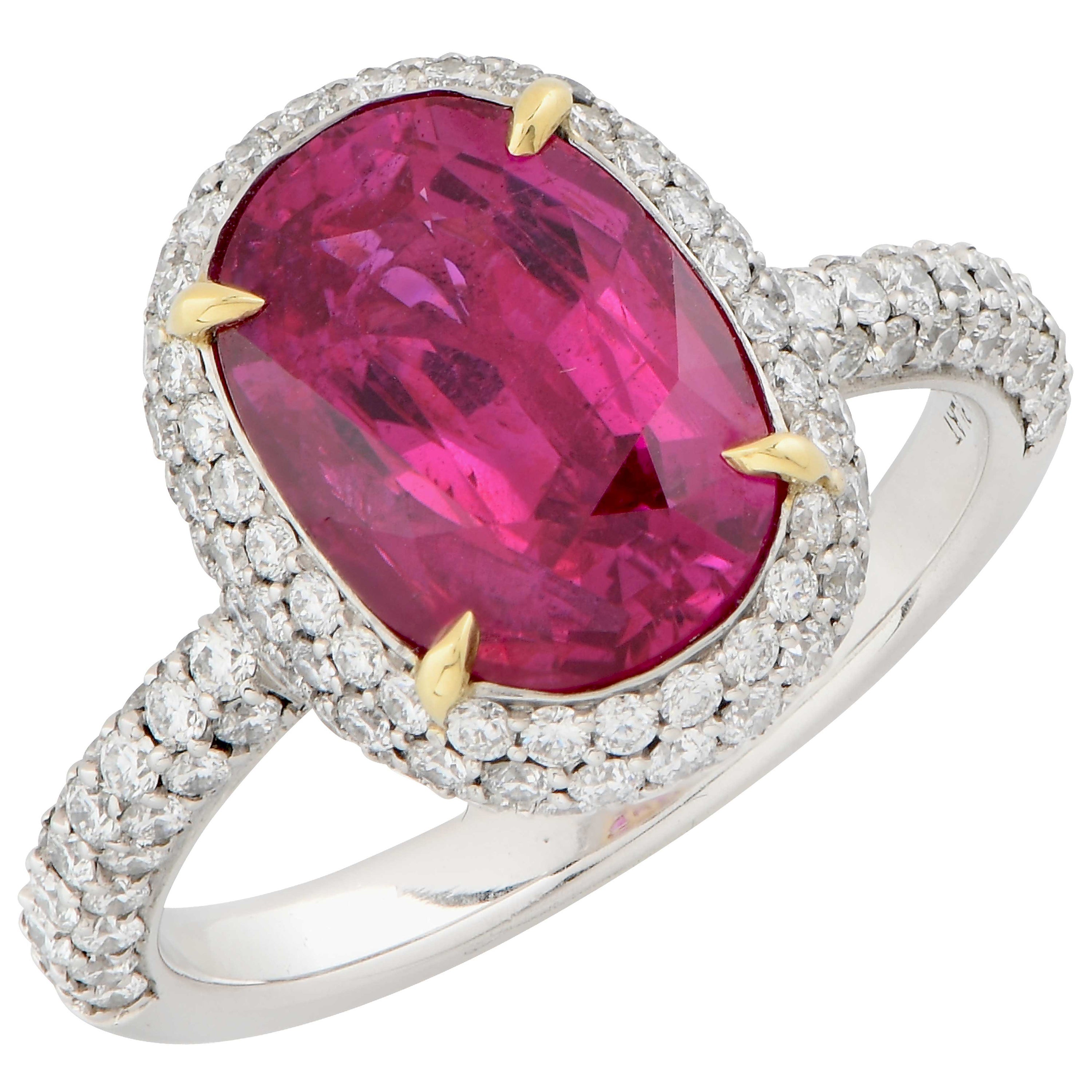 Burma Ruby AGL Graded No Heat 3.7 Carats Platinum and Diamond Ring For Sale