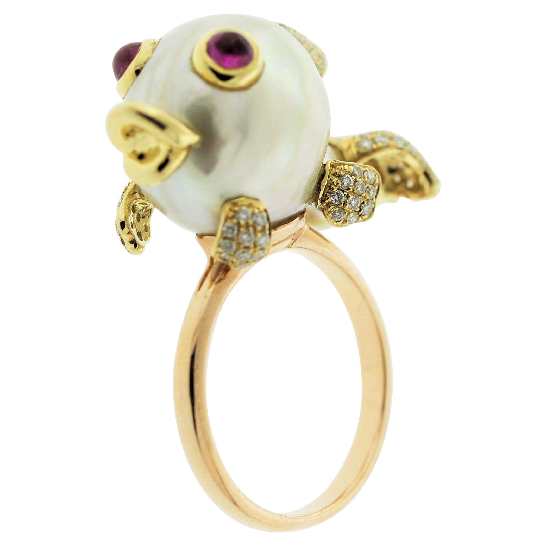 Baroque Pearl Diamond Ruby Gold Fish Ring