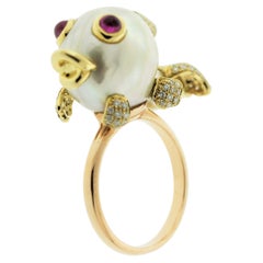 Baroque Pearl Diamond Ruby Gold Fish Ring