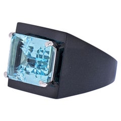 18K White Gold Black Jade and Aquamarine Oversized Ring