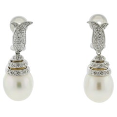 South Sea Pearls Diamond Gold Drop Earrings