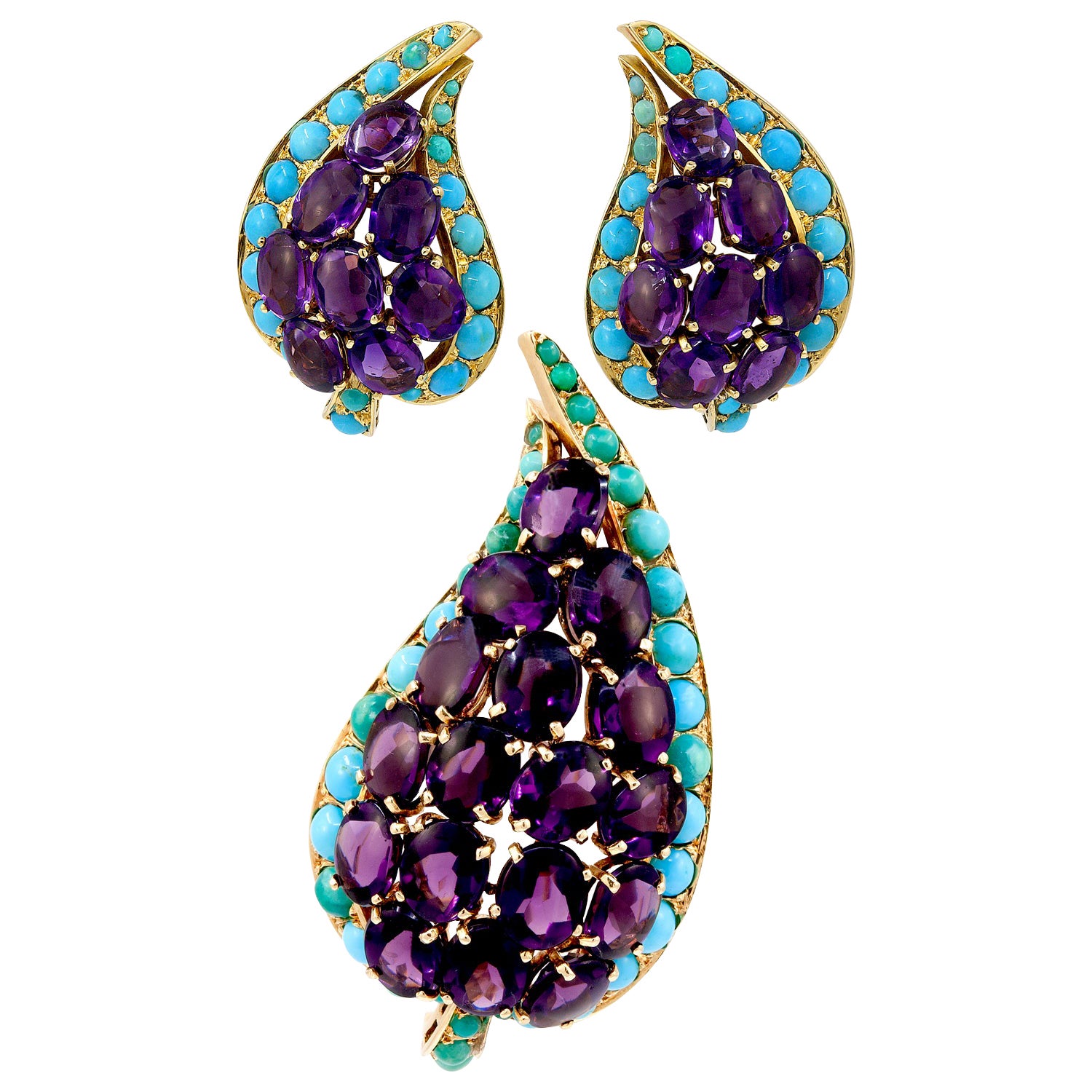 Cabochon Amethyst, Turquoise Paisley Brooch & Earrings