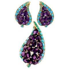 Cabochon Amethyst, Turquoise Paisley Brooch & Earrings