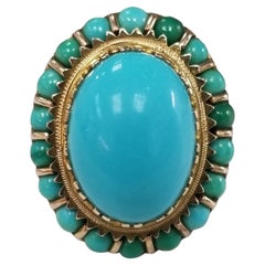 Magnifique bague en or jaune 14 carats à grappe ovale « Persane » et turquoise